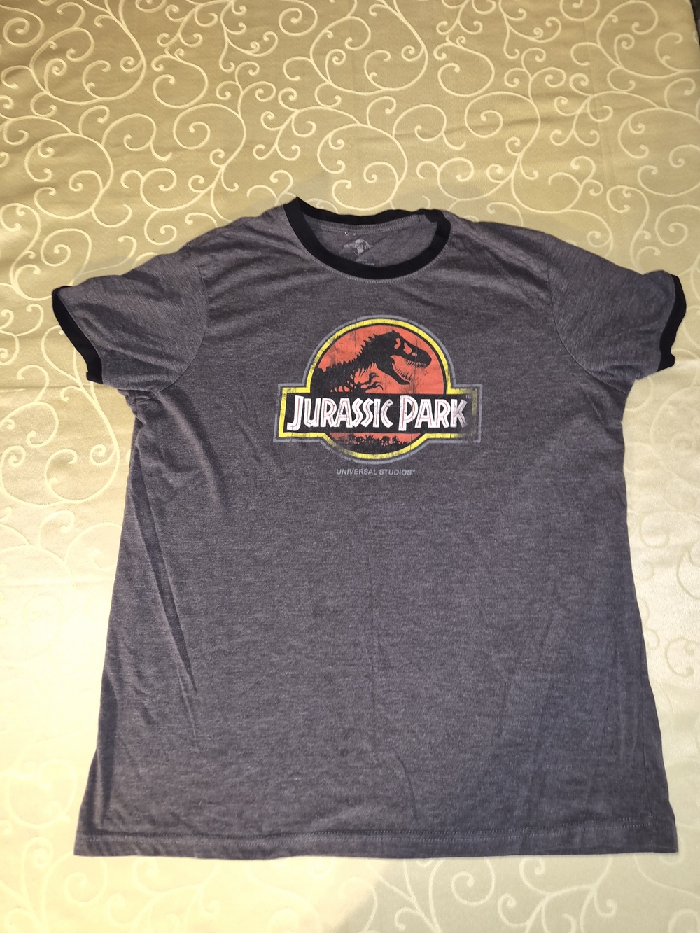 Jurassic Park Logo Ringer Tee in Heather Gray with Black Trim
